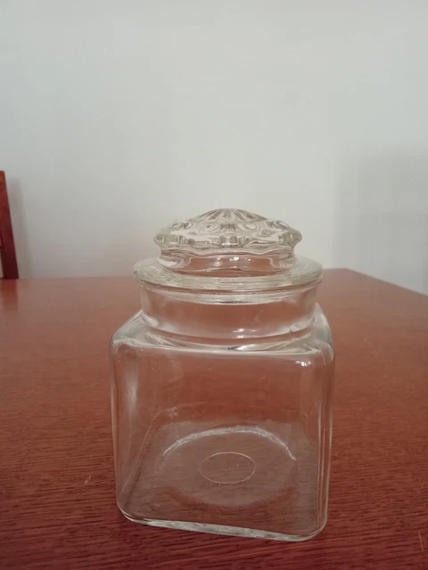 Ancien Bocal/Bonbonnière Forme Carrée Couvercle Decoratif Vintage