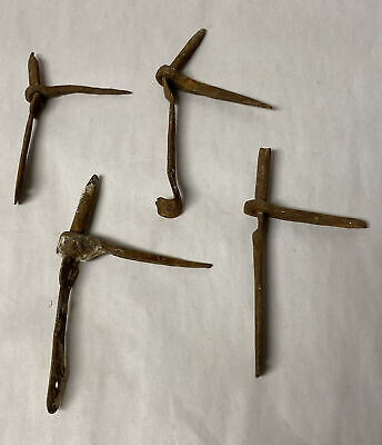 LOT OF 4 ANTIQUE FORGED WROUGHT IRON SHUTTER DOGS SPIKES STAYS Lot #12