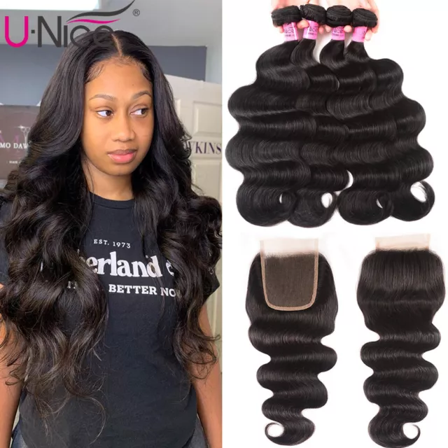 UNice Cambodian Body Wave Human Hair Extensions 4 Bundles With Lace Closure Wavy