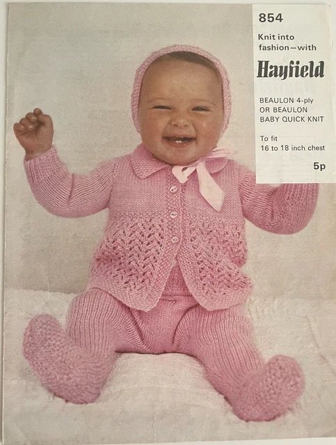 Hayfield STRICKMUSTER Baby Mädchen Kinderwagen Set - Spitzenmantel Leggings + Motorhaube 854