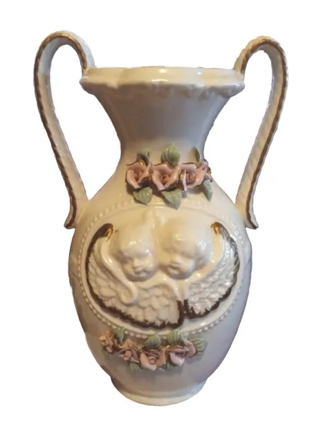 Beautiful Old Vintage Cherub Vase Urn Floral Antique Victorian Style Cream Pink