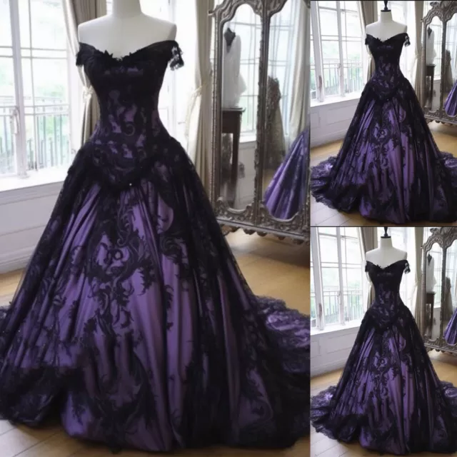 Gothic Black Purple Wedding Dresses Strapless Lace Applique Long Bridal Gowns