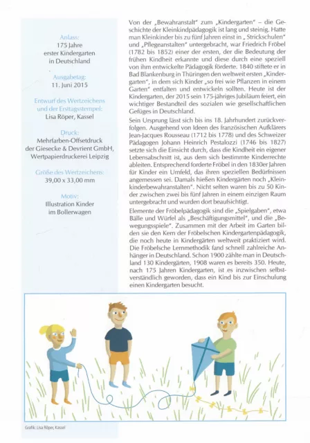 Ersttagsblatt  2015/18    Erster Kindergarten In Deutschland   Brd 2