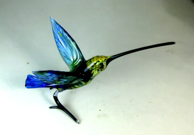 hand blown glass animal bird hummingbird Murano style figurine art blue 4.8"
