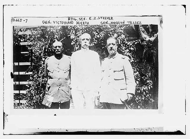 Photo:Brig. Gen. E.Z. Steever, Gen. V. Huerta, Gen. Joaquin Tellez