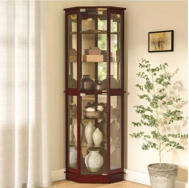 Lit Curio Corner Cabinet Wood Antique Display Case Glass Shelving Unit Cherry