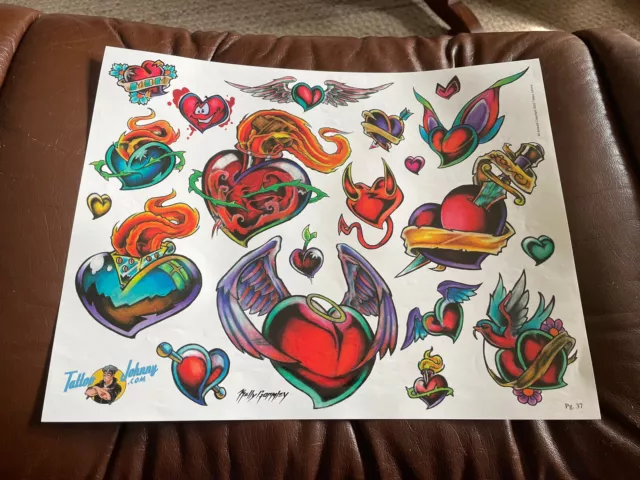 (Lote 26) Hoja de papel de arte flash tatuaje vintage Kelly Gormley 2002 corazones