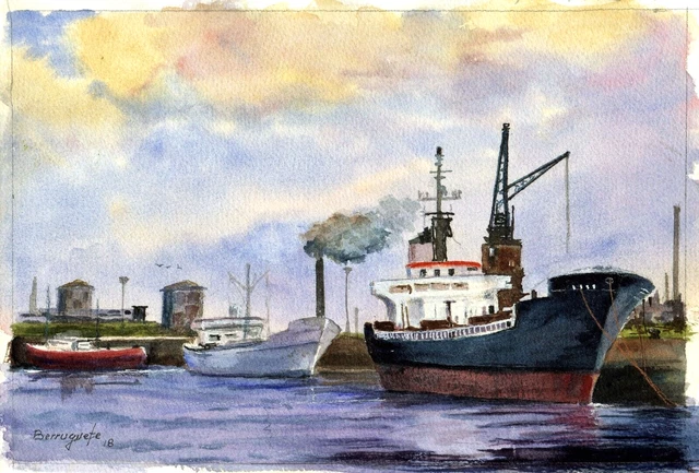 ACUARELA ORIGINAL de BERRUGUETE “Aviles 3 Dársena” Watercolour, aquarelleOFERTA