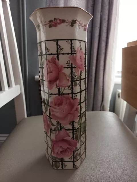 Antique Rare Crown Ducal Hexagonal Trellis Pink Rose Pattern Vase 1920