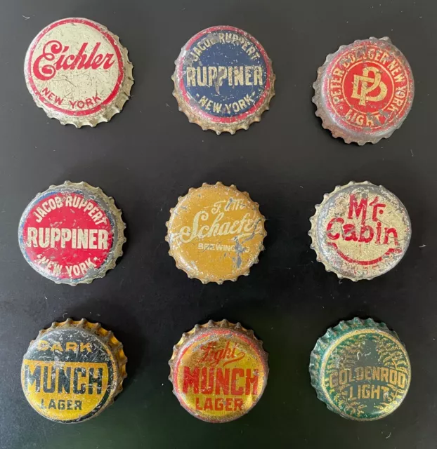 9 Antique Vintage Beer  Bottle Caps With Corks And One Without