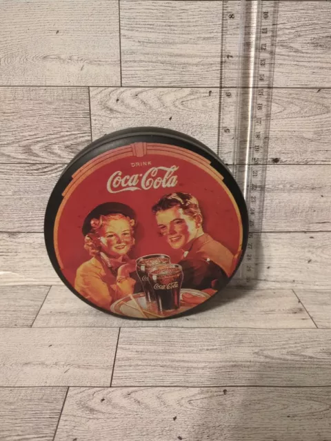 1988 Round Coke Drink Coca-Cola Girl Boy Soda Fountain Tin