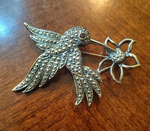 Oxidized Marcasite Hummingbird Brooch - 925 Sterling Silver, Antiqued Finish, Hypoallergenic Pin For Women