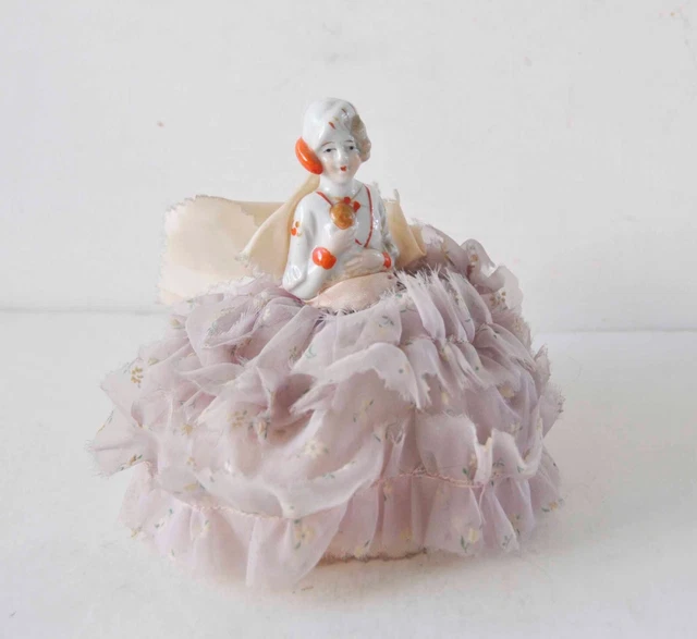 Antique Vintage Art Deco 1920s Lady Porcelain Half Doll Sawdust Pincushion 