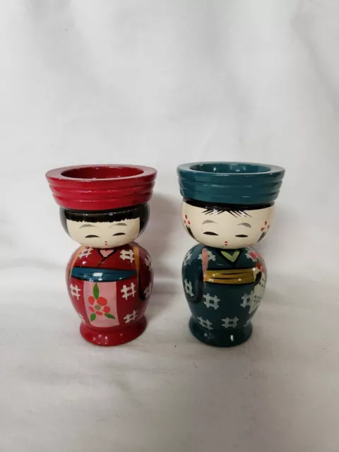 Vintage KOKESHI PAIR DOLL wooden Japanese hand-painted EGG CUPS holders figural