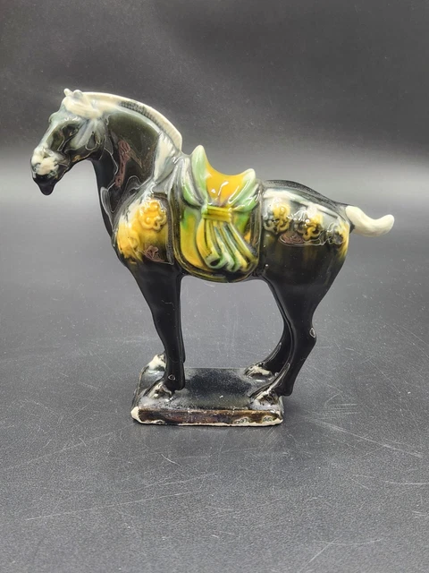 Vtg chinese Tang  dynasty war horse ceramic figurine glazed drip sancai 6"x 6"