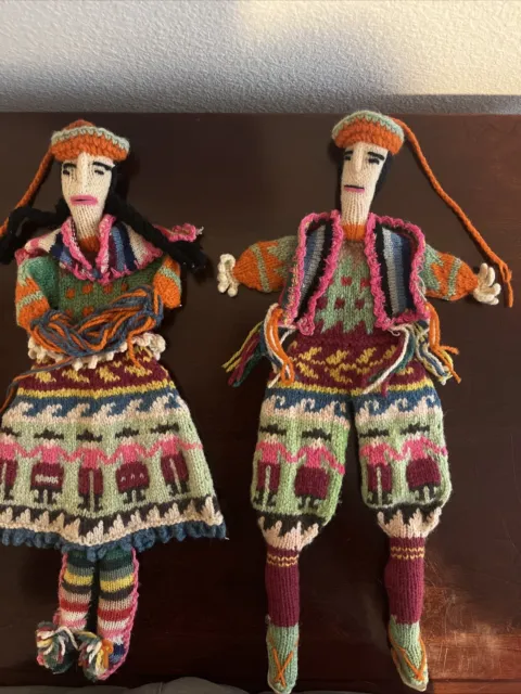 Vintage Pair Handmade Wool Guatemala Male And Female Figures