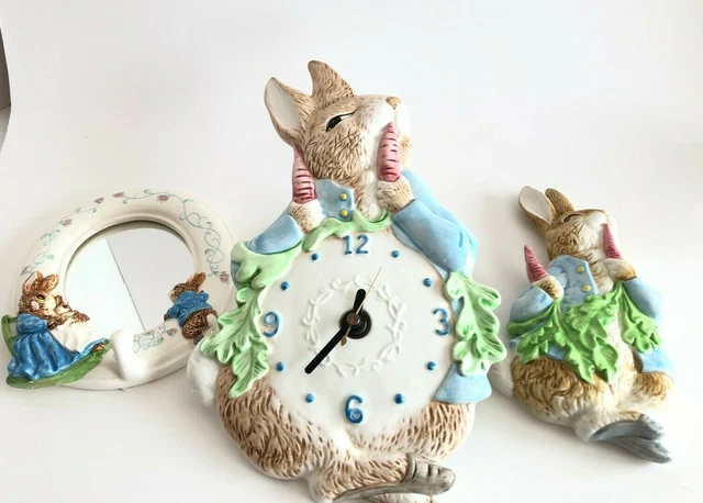 3 Pieces Beatrix Potter Peter Rabbit Wall Clock Mirror Bunny F Warne Schmid 1990