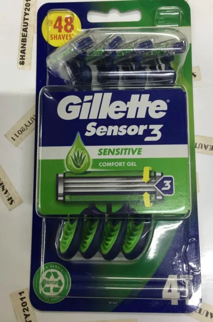 #Gillette Sensor 3 empfindliche Einweg-Rasierer 4 Stück bis 48 Rasuren frei P&P