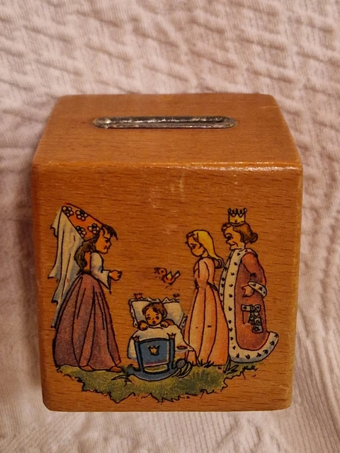 Vintage Allianz Spardose Holz Würfel Dornröschen + Gänseliesel mit Schlüssel