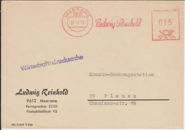 Geschäftsbrief mit Freistempel / AFS Meerane, Ludwig Reinhold, 1974