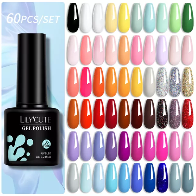 LILYCUTE 60 Bottles Set Blue Glitter Soak Off Nail Gel UV Gel Nail Polishes DIY