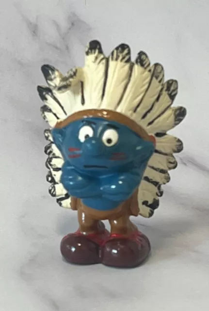 1981 Indian Smurf Chief Schleich Native American Toy Figure Headdress War Bonnet