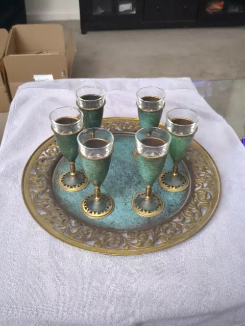 Vintage Brass/ Enamel Oppenheim Green Gold Trim Bowl with cups and Tray Made In