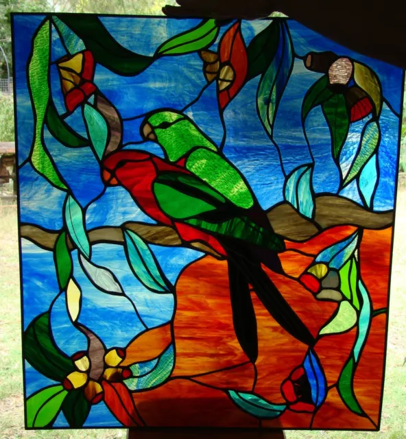 KING PARROT PAIR STAINED GLASS WINDOW FRONT ENTRANCEWAY DOOR original leadlight