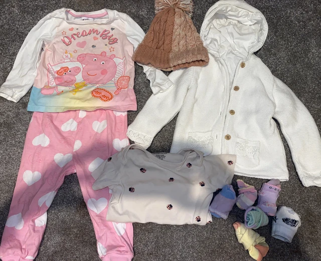 Baby girl 12-18 months bundle - pepper pig pjs - cardigan - beanie - socks vest