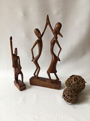 Vtg Pair of Hand Carved Wooden Statuettes Dancing Couple & Musician. African Art