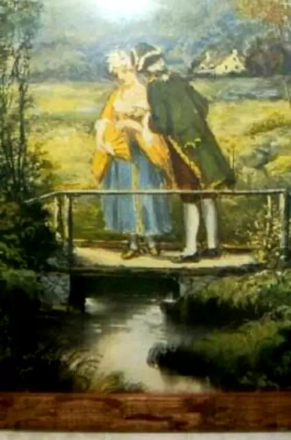 VICTORIAN FRENCH COUPLE BRIDGE LITHOGRAPH 1912 C.F. PERRY OLD WAVY GLASS OAK Sm 2