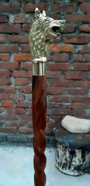 Solid Brass Wolf Head Handle Wooden Walking Stick Handmade Vintage Style Cane
