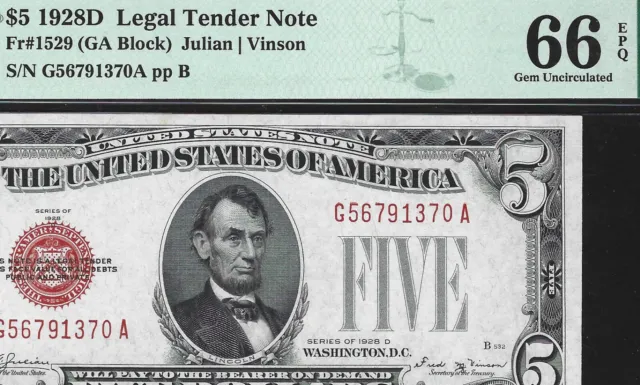 1928D $5 Legal Tender Note Fr#1529 PMG66 EPQ - KEY NOTE - TOP POP - G56791370A