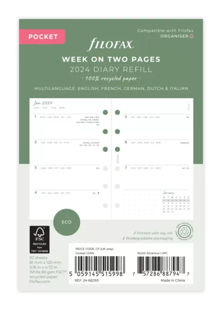 Filofax Pocket Eco Week on Two Pages 2024 diary with tabs,White