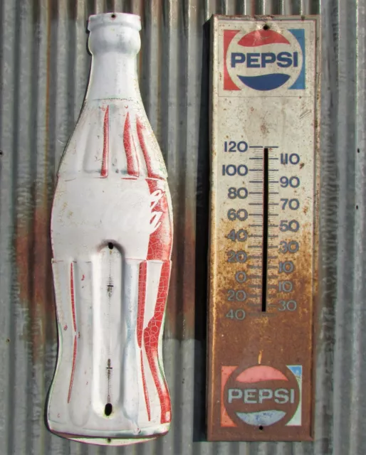 Vintage Pepsi Coca Cola 29" Bottle Thermometer Metal Sign Original Country Store