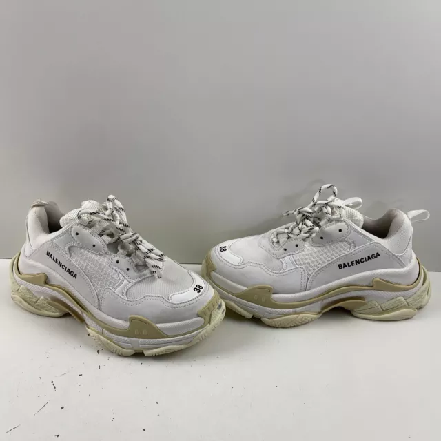 Balenciaga Triple S White Mesh/Faux Leather Lace Up Chunky Sneakers Women Sz 38