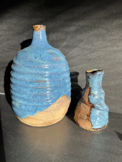 Vintage Drip Glaze Turquoise Blue Vase Stoneware Studio Art Pottery Mid Century