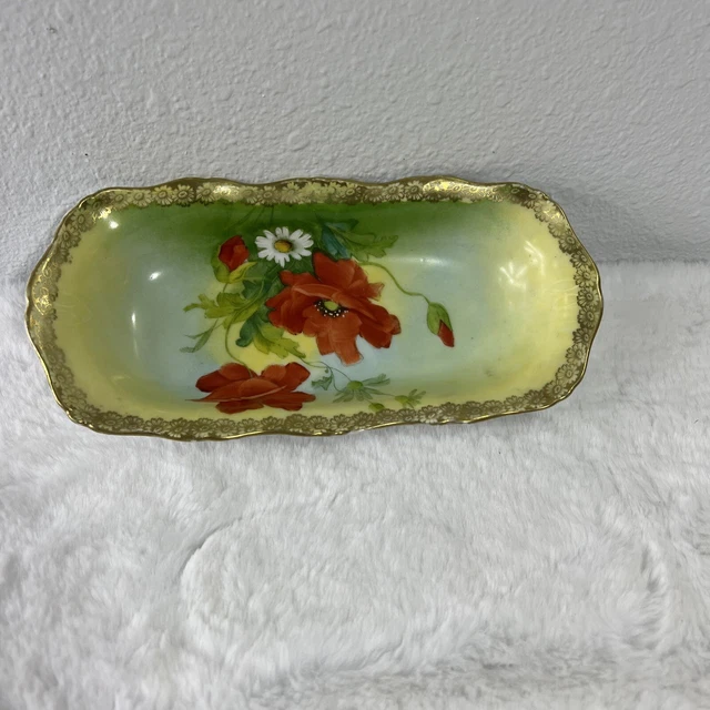 Vtg Prussia B Oblong Hand Paint Ivory Pink Scalloped Serving Bowl Relish Dish