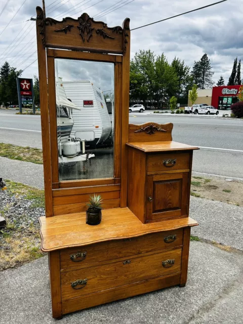 Antique Oak Gentlemans Chest Dresser Hat Door Bureau￼ Mirrored Mirror Ornate Old