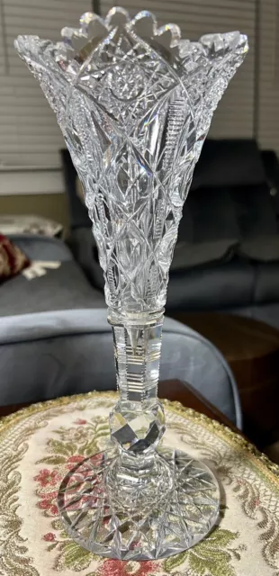 HAWKES American Brilliant Cut Glass 10” Trumpet Vase NAVARRE SIGNED in Catalog