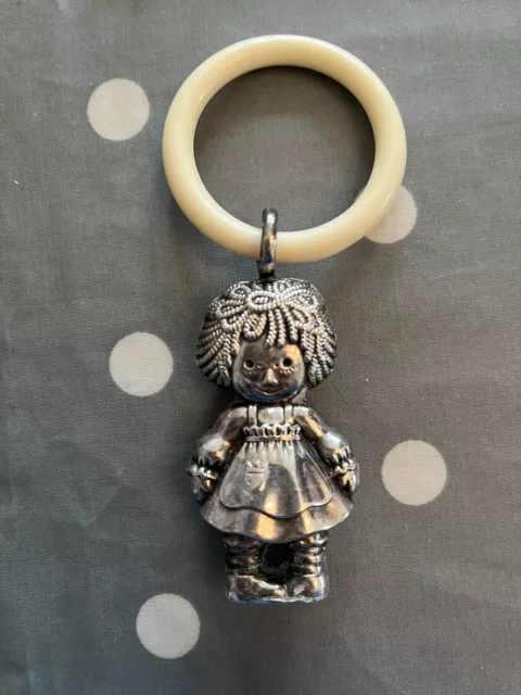 Vintage Silver Baby Rattle and Teething Ring Raggedy Ann