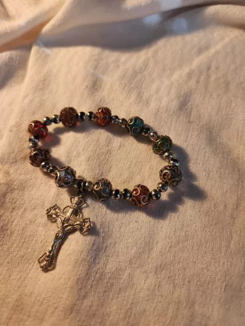 Red Stone Beads Stretch Rosary Bracelet Charm Cross