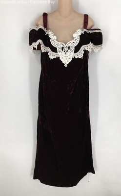Vintage Jessica McClintock Womens Dress Maroon Velvet Lace Off The Shoulder 14W