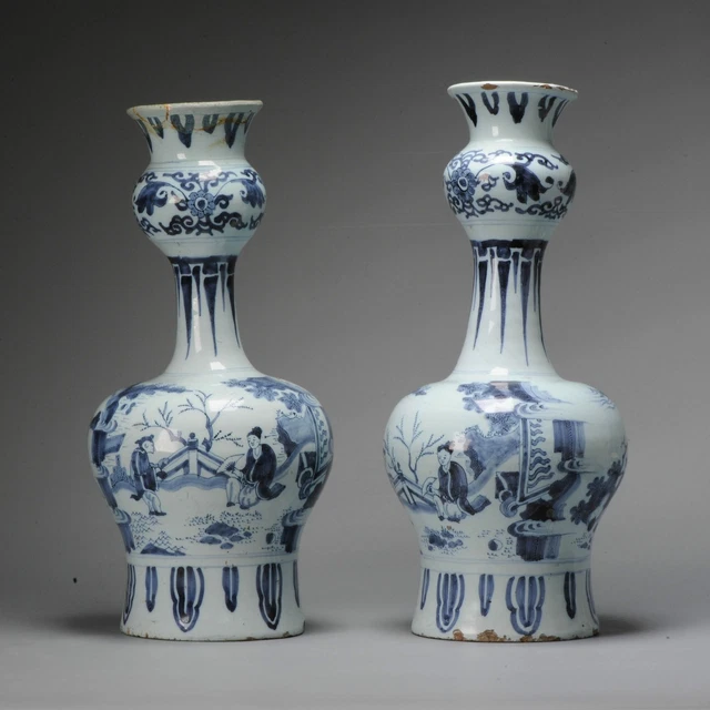 Unusual Dutch Delftware Figural Earthenware Vases in Chinese Transitional style