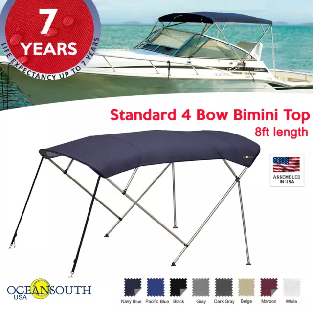 BIMINI TOP 4 Bow Boat Cover 8ft Long With Rear Poles