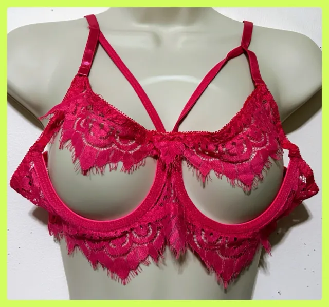Valentine’s Bra w/ Underwire Women’s Medium Sexy Lingerie Pink Lace Open Cups