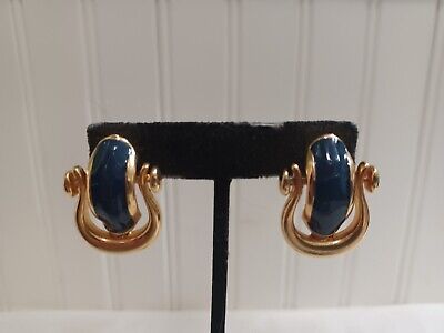 Vintage Navy Blue Enameled Goldtone Metal Doorknocker Post Pierced Earrings