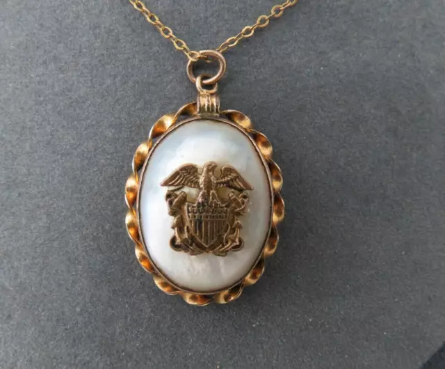 WWII Sweetheart Locket Pendant Necklace Signed PR. ST CO. MOP Gold Filled Eagle
