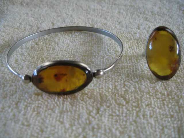 Vintage Natural Old Baltic Amber and Silver Bracelet and Ring Set sz 7