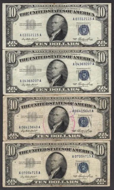 Lot of 4 1953 $10 Ten Dollar Bills Silver Certificate Blue Seal S484